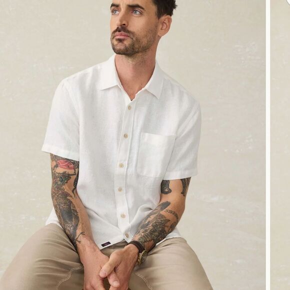 Faherty Mens Short-Sleeve Palma Linen Shirt White Basketweave Size XXL NEW - Picture 3 of 9